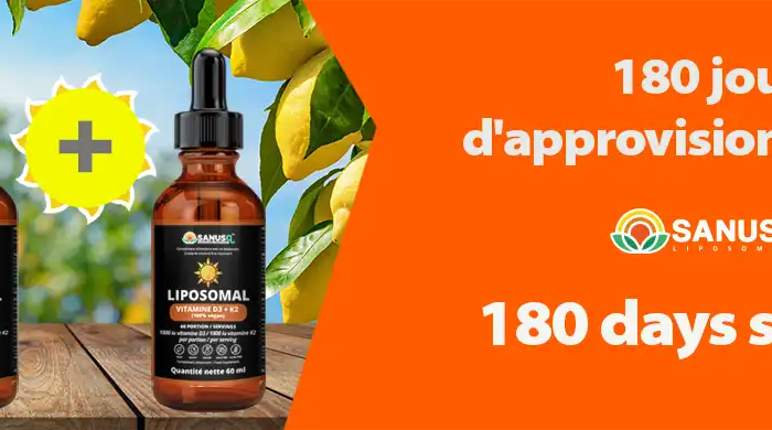 Trois bouteilles de vitamine D3+K2 liposomale avec réduction de 10% offrant approvisionnement de 180 jours sur fond tropical