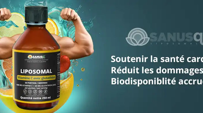 Bouteille de vitamine C liposomale avec glutathion et bras musclés avec agrumes splash illustrant force et santé cardiaque