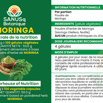 Gélules (végétales) de feuilles de Moringa Oleifera - 500 mg | SANUSq Health