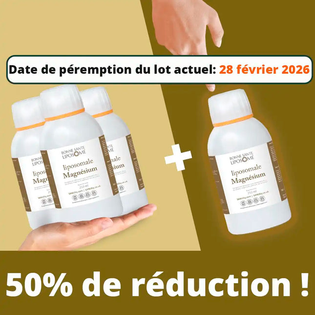 Image promotionnelle montrant des bouteilles de supplément de magnésium liposomal avec une offre de réduction de 50 % sur fond de soleil doré