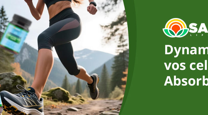 Complément de CoQ10 liposomale SANUSq Health, coureuse en montagne, énergie cellulaire et absorption optimale.