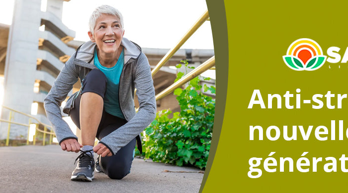 Coureuse laçant ses chaussures avec le GABA liposomale et ashwagandha KSM-66 SANUSq Health, anti-stress nouvelle génération