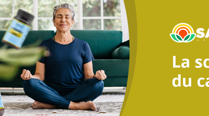 Femme sereine en méditation à côté du GABA liposomale et ashwagandha KSM-66 SANUSq Health, la science du calme