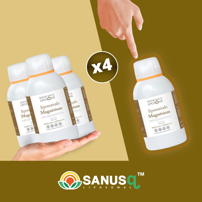 Lot de quatre flacons de magnésium liposomal Bonne Santé Liposome de 250 ml, dont un désigné du doigt – SANUSq Health