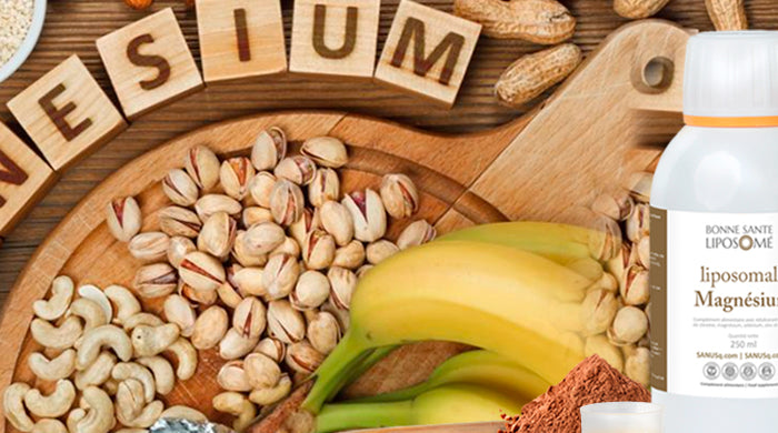 Flacon de magnésium liposomal parmi des aliments riches en magnésium : noix, graines, bananes et cacao