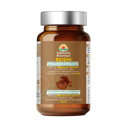 Bouteille de complément alimentaire Reishi SANUSq Health, 120 gélules végétales pour les défenses immunitaires