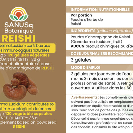 Étiquette du complément Reishi SANUSq Health avec informations nutritionnelles, ingrédients et posologie