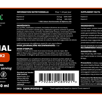Étiquette SANUSq Health Vitamine D3 + K2 liposomale, 1000 UI par portion, 60 portions, complément liquide 100% vegan