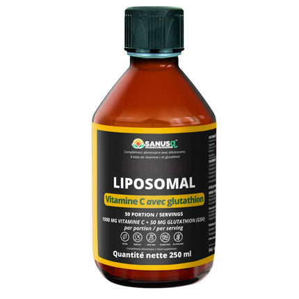 Vitamine C liposomale avec glutathion SANUSq Health, flacon de 250 ml, 1000 mg de vitamine C et 50 mg de GSH par portion