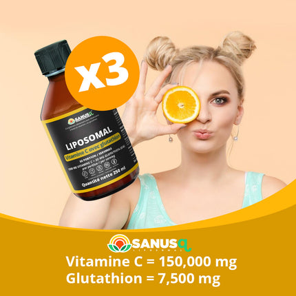 Jeune femme tenant une tranche d'orange près d'un flacon de Vitamine C liposomale au glutathion SANUSq Health, lot de trois
