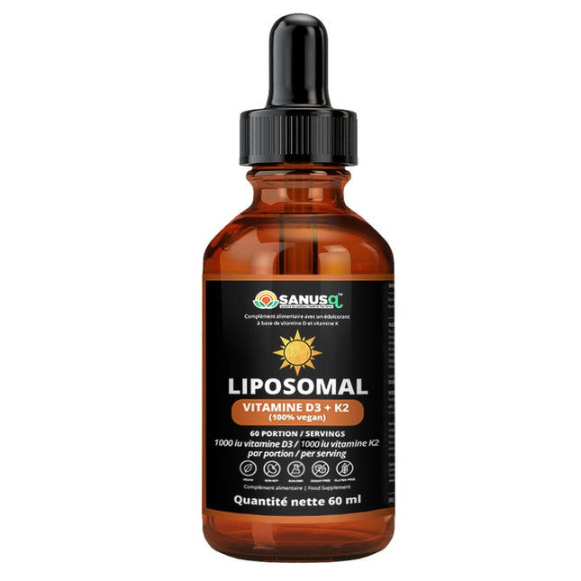 Vitamines D3 + K2 liposomales SANUSq Health, flacon compte-gouttes de 60 ml, 1000 UI de D3 et 1000 UI de K2 par portion, 100% vegan
